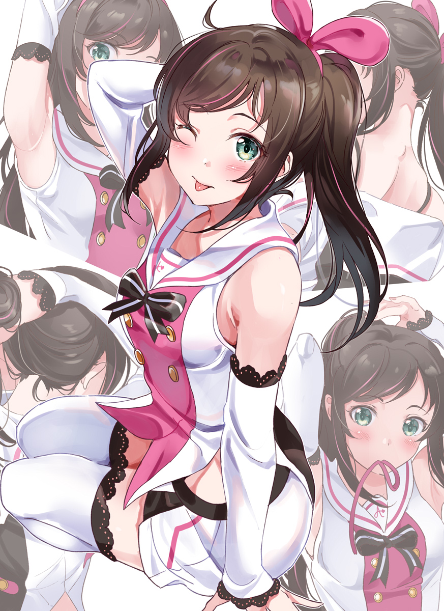 1girl ;p a.i._channel ahoge arm_behind_head arm_up armpits black_ribbon blush breasts brown_hair commentary_request detached_sleeves from_side green_eyes hair_ribbon hairdressing highres kizuna_ai long_hair long_sleeves looking_at_viewer looking_to_the_side mouth_hold multicolored_hair multiple_views one_eye_closed pink_hair pink_ribbon ponytail ribbon sailor_collar shorts sidelocks simple_background sitting small_breasts streaked_hair thigh-highs tipii tongue tongue_out white_background white_legwear white_sailor_collar white_shorts