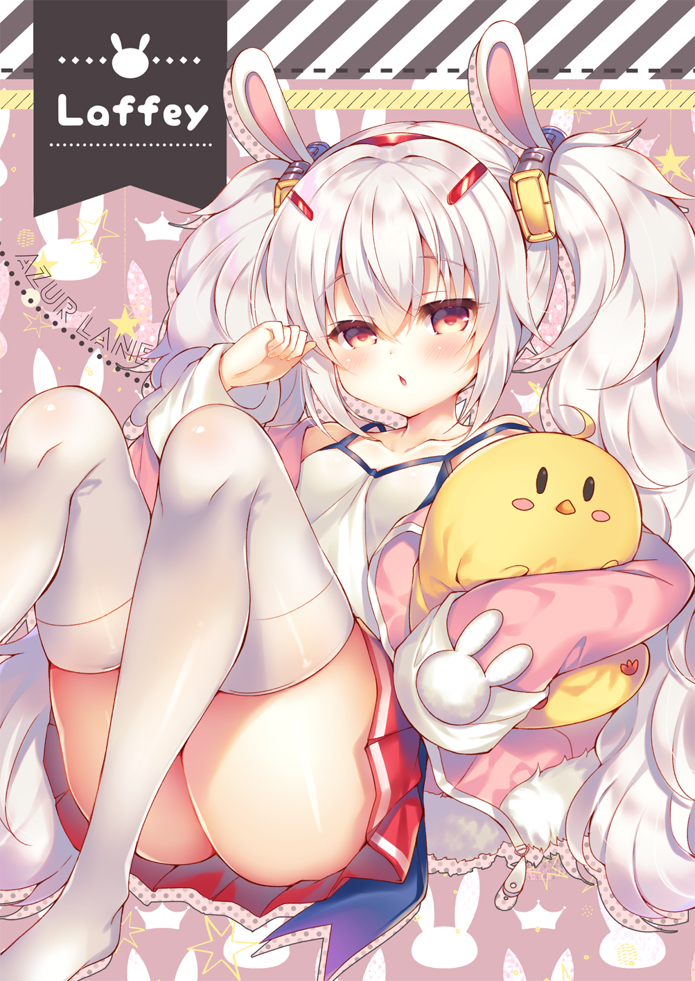 1girl animal_ears ass azur_lane bangs bare_shoulders blush breasts camisole character_name collarbone commentary_request copyright_name eyebrows_visible_through_hair feet_out_of_frame hair_between_eyes hair_ornament hairband hairclip highres jacket knees_up laffey_(azur_lane) long_hair long_sleeves manjuu_(azur_lane) no_shoes object_hug off_shoulder open_clothes open_jacket parted_lips pink_jacket pleated_skirt rabbit_ears red_eyes red_hairband red_skirt revision silver_hair skirt sleeves_past_fingers sleeves_past_wrists small_breasts solo strap_slip stuffed_animal stuffed_bird stuffed_toy suzunone_rena thigh-highs twintails very_long_hair white_camisole white_legwear