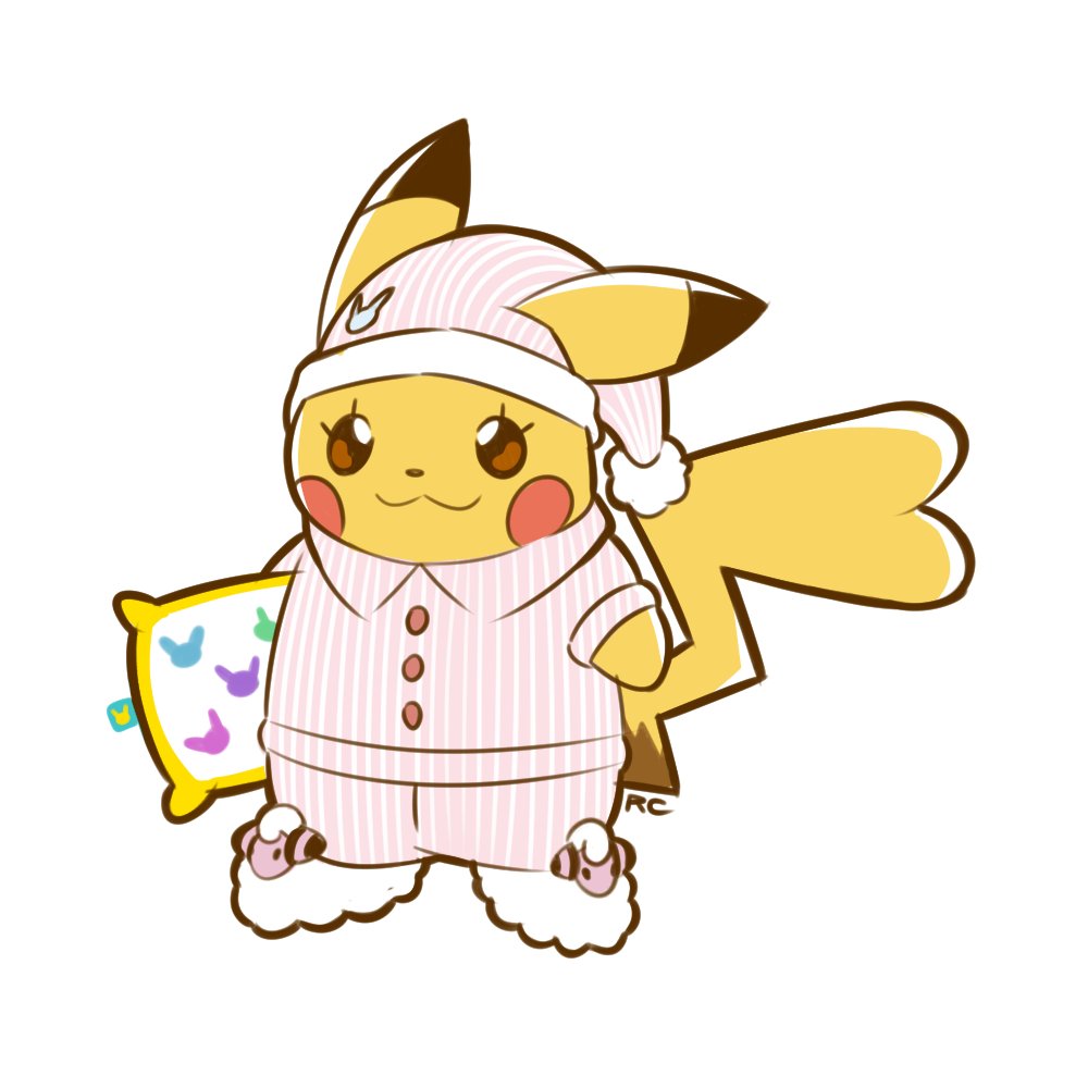 :3 artsy-rc buttons clothed_pokemon commentary ears_through_headwear english_commentary full_body gen_1_pokemon gen_2_pokemon hat hatted_pokemon looking_at_viewer mareep no_humans pajamas pants pikachu pillow pink_headwear pink_pajamas pink_pants pink_shirt pokemon pokemon_(creature) shirt signature simple_background slippers smile solo striped striped_headwear striped_pajamas striped_pants striped_shirt vertical-striped_headwear vertical-striped_pants vertical-striped_shirt vertical_stripes white_background