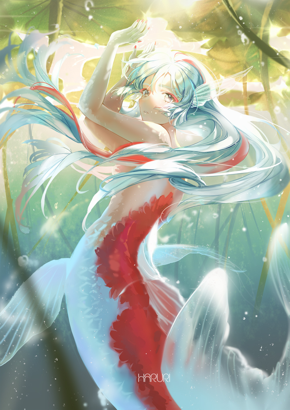 1girl arms_up bangs blue_hair commentary day grey_eyes hair_between_eyes hair_censor haruri head_fins highres koi long_hair looking_at_viewer looking_to_the_side mermaid monster_girl nail_polish nude original outdoors parted_lips red_nails signature solo sunlight transparent twintails underwater very_long_hair water