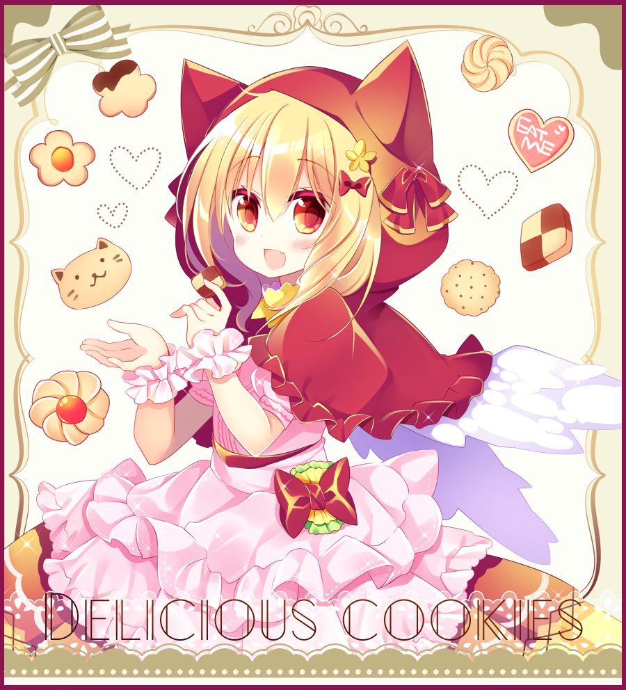 1girl :d animal_ears animal_hood bangs blonde_hair blush bow capelet cat_ears cat_hood checkerboard_cookie commentary_request cookie dress eat_me english_text eyebrows_visible_through_hair fake_animal_ears fang feathered_wings food hair_between_eyes hair_bow heart holding holding_food hood hood_up hooded_capelet layered_dress looking_at_viewer open_mouth original pink_dress pleated_dress puffy_short_sleeves puffy_sleeves red_bow red_capelet red_eyes shikito short_sleeves smile solo white_wings wings wrist_cuffs