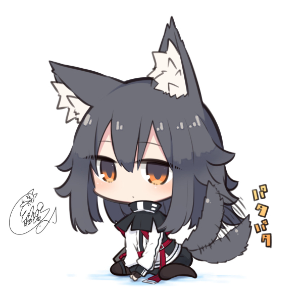 1girl afterimage animal_ear_fluff animal_ears arknights bangs beni_shake black_gloves black_hair black_legwear blush brown_eyes chibi closed_mouth commentary_request eyebrows_visible_through_hair fingerless_gloves full_body gloves hair_between_eyes jacket long_hair long_sleeves no_shoes pantyhose shadow signature sitting solo tail tail_wagging texas_(arknights) very_long_hair wariza white_background white_jacket