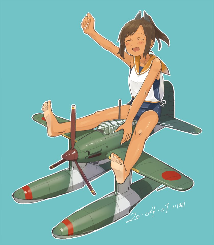 1girl aircraft airplane barefoot blue_background brown_hair closed_eyes dated full_body hair_ornament hairclip i-401_(kantai_collection) kantai_collection kawashina_(momen_silicon) m6a_seiran one-piece_swimsuit one-piece_tan orange_sailor_collar ponytail riding sailor_collar school_swimsuit shirt short_ponytail side-tie_shirt signature simple_background sleeveless sleeveless_shirt smile solo swimsuit swimsuit_under_clothes tan tanline