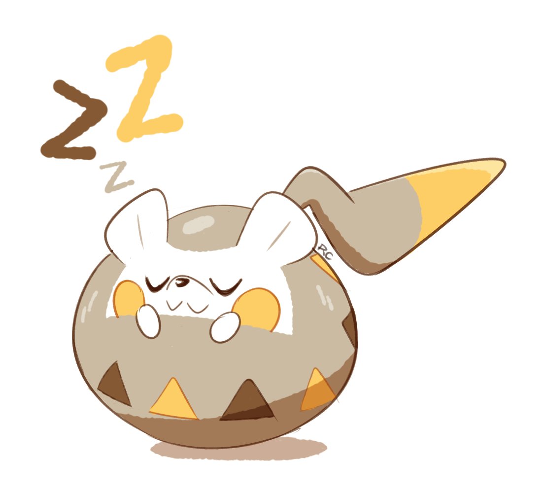 artsy-rc commentary english_commentary facing_viewer full_body gen_7_pokemon no_humans pokemon pokemon_(creature) signature simple_background sleeping smile solo togedemaru u_u white_background zzz