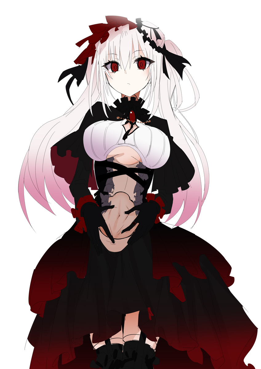 1girl april_fools bangs black_dress black_gloves blush breasts breasts_apart brooch closed_mouth doll_joints dress frills garter_straps gloves gradient_hair highres jewelry large_breasts long_hair long_sleeves looking_at_viewer midriff multicolored_hair navel original pink_hair red_eyes sera_makina simple_background sketch solo spread_navel thigh-highs twintails under_boob vane virtual_youtuber white_background white_hair