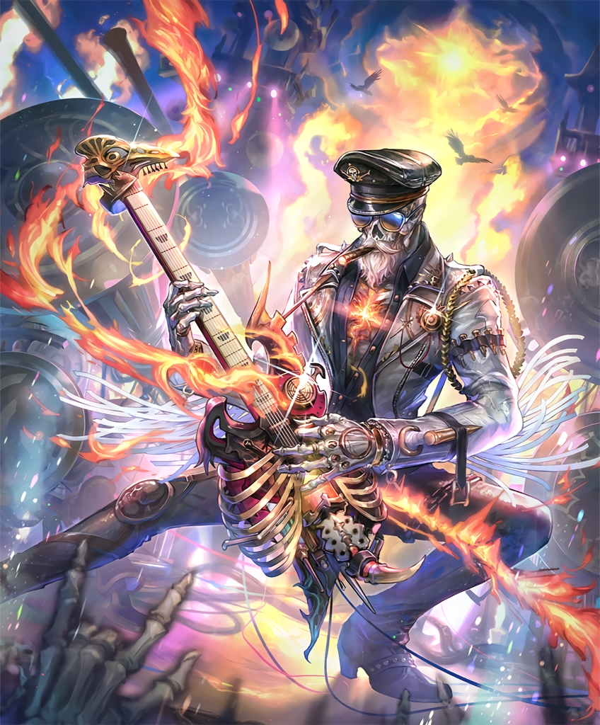 \n/ artist_request beard bird chain cigar concert electric_guitar facial_hair fire guitar hat he_who_once_rocked instrument jacket leather leather_jacket leather_pants loudspeaker music official_art pants peaked_cap playing_instrument ribs shadowverse skeleton spotlight sunglasses
