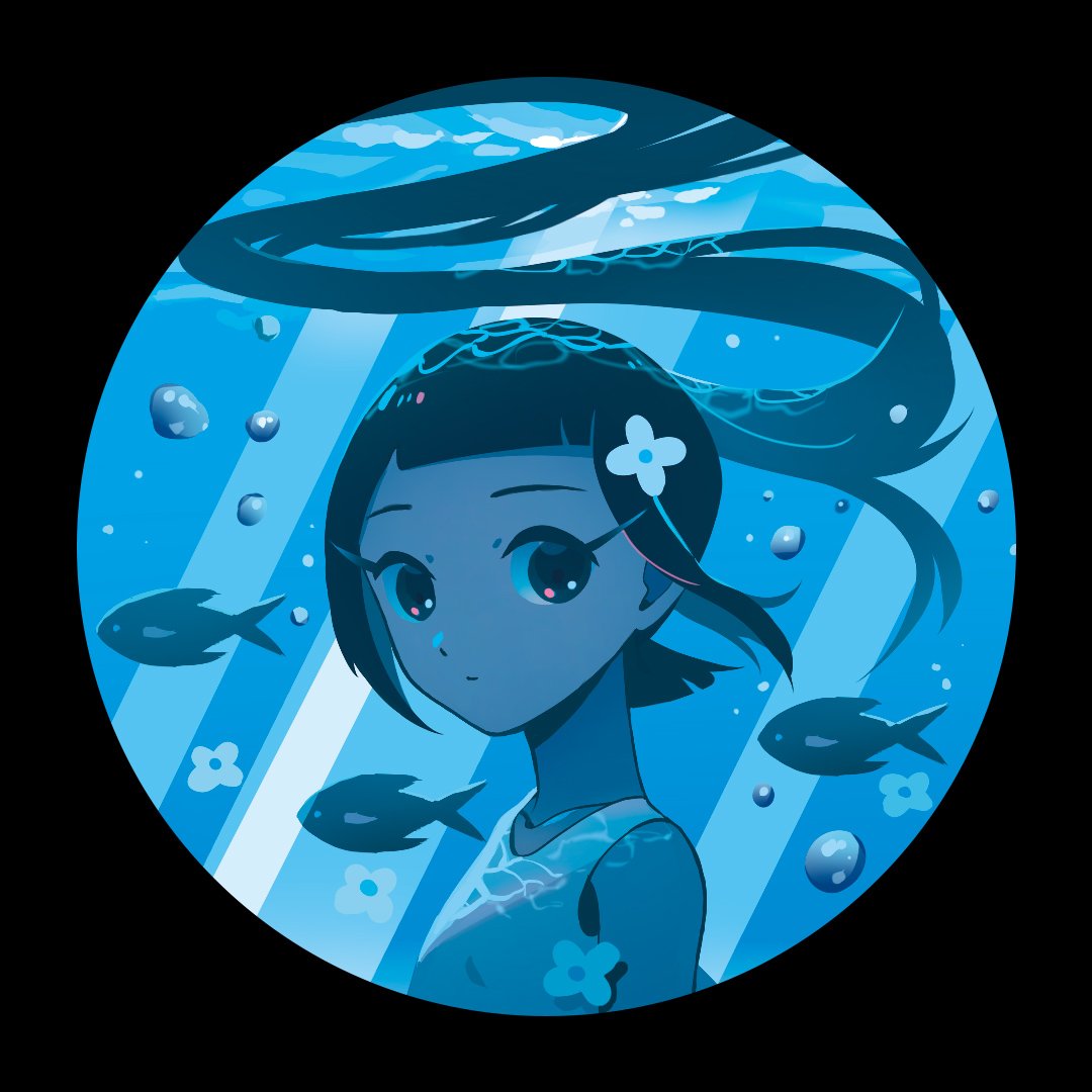 1girl air_bubble appi bangs black_hair blue_theme blunt_bangs border bubble caustics circle dress expressionless fish floating_hair flower from_side hair_flower hair_ornament light_rays long_eyelashes long_hair looking_at_viewer looking_to_the_side original ponytail portrait sidelocks solo underwater upper_body white_dress white_flower
