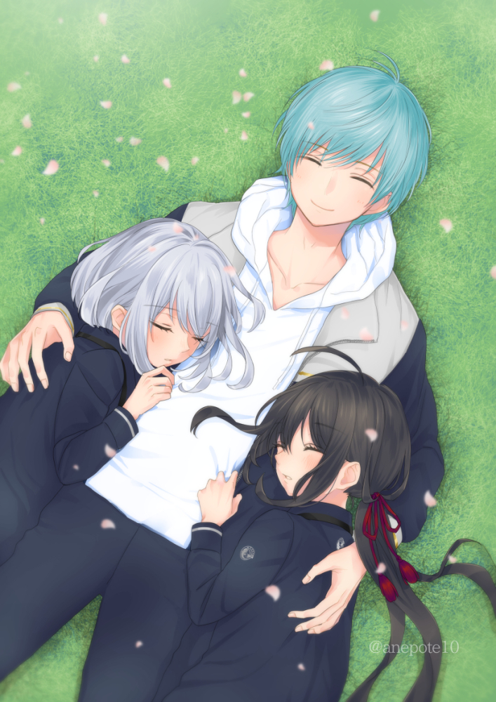 3boys ^_^ ahoge anepote10 aqua_hair artist_name black_hair blurry boy_sandwich closed_eyes depth_of_field grass honebami_toushirou hood hoodie ichigo_hitofuri lying male_focus multiple_boys namazuo_toushirou on_back petals ponytail sandwiched sleeping smile touken_ranbu white_hair