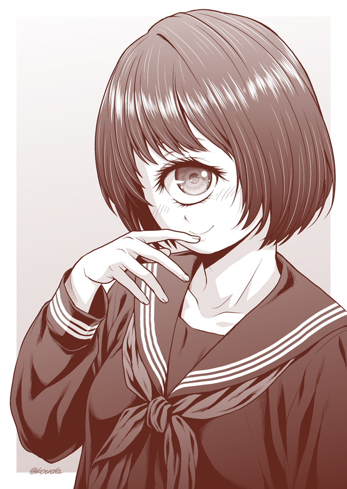 1girl cyclops kouda_tomohiro limited_palette looking_at_viewer one-eyed original school_uniform sepia serafuku short_hair solo