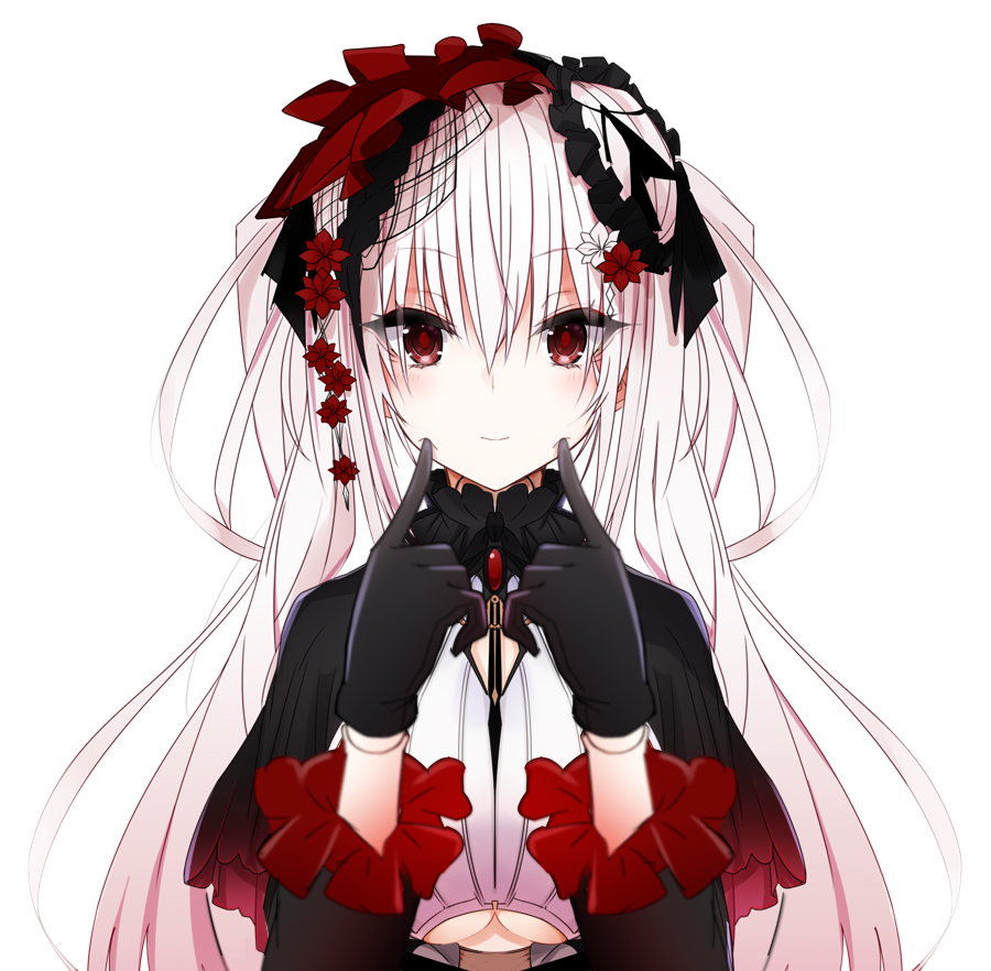 1girl april_fools bangs black_dress black_gloves closed_mouth doll_joints dress fingersmile gloves gradient_hair index_finger_raised long_hair long_sleeves looking_at_viewer multicolored_hair original pink_hair sera_makina simple_background smile twintails upper_body vane virtual_youtuber white_background white_hair