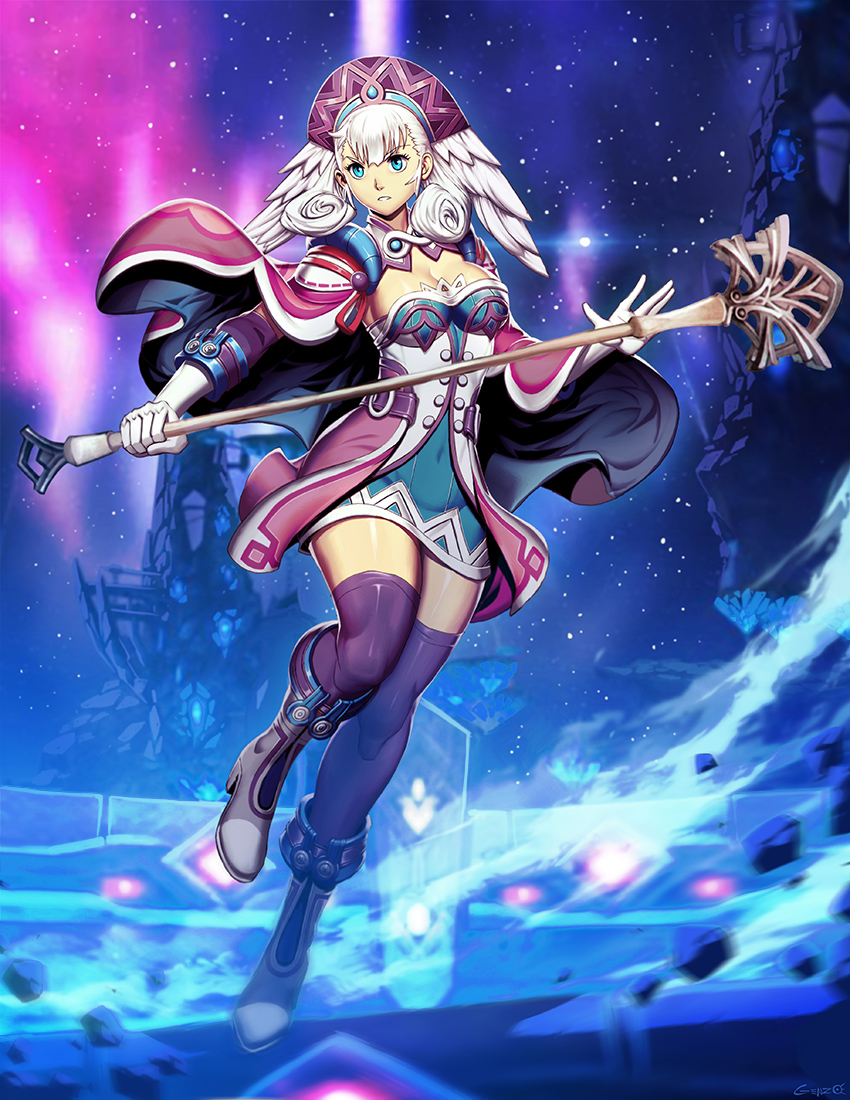 1girl blue_eyes boots breasts cape dress genzoman gloves hat head_wings high_heel_boots high_heels holding holding_staff medium_breasts melia night night_sky outdoors short_dress silver_hair sky solo staff star_(sky) starry_sky thigh-highs white_gloves xenoblade_(series) xenoblade_1