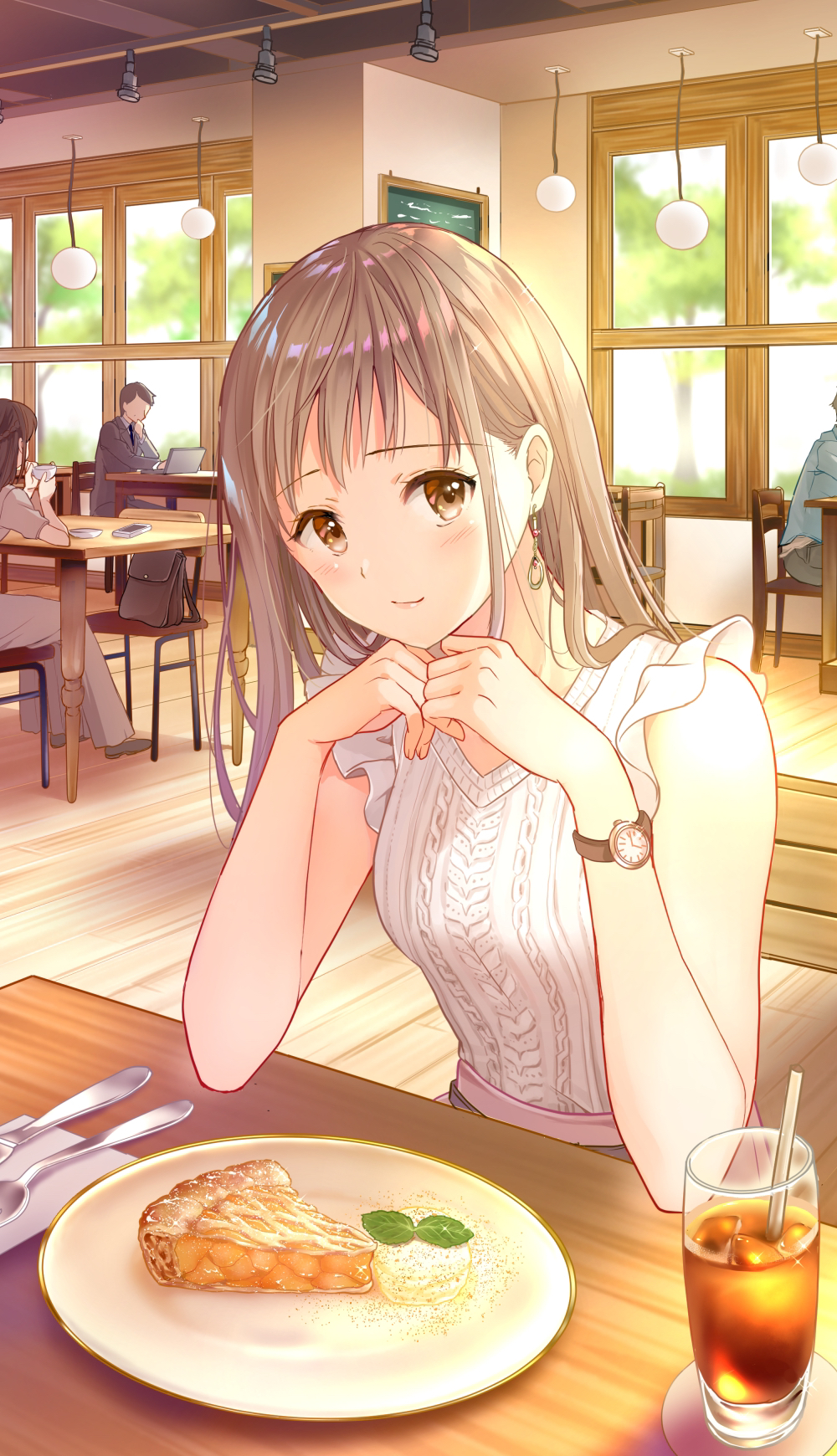 1girl apple_pie bare_arms blouse blush brown_eyes brown_hair chin_rest earrings elbows_on_table eyebrows_visible_through_hair food frilled_sleeves frills highres jewelry long_hair looking_at_viewer original pechi_(peeechika) restaurant sweets watch watch white_blouse