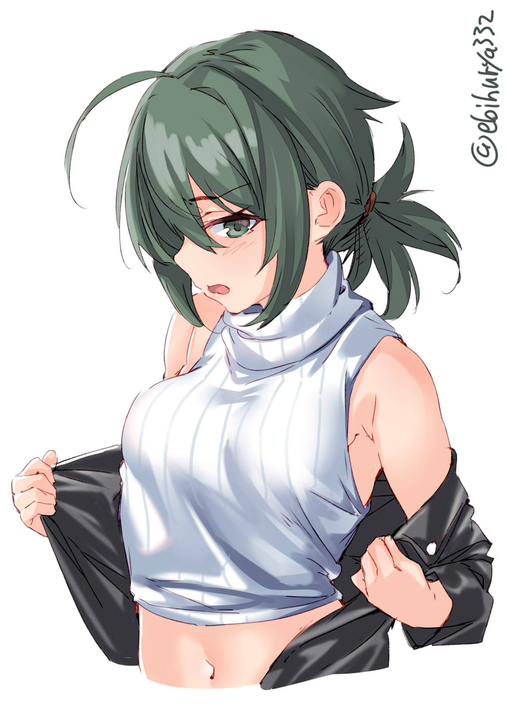 1girl ahoge alternate_costume alternate_hairstyle black_jacket blush cropped_sweater cropped_torso ebifurya green_eyes green_hair hair_between_eyes highres jacket kantai_collection kiso_(kantai_collection) long_sleeves navel open_mouth ponytail ribbed_sweater short_hair simple_background sleeveless sleeveless_turtleneck solo sweater turtleneck twitter_username white_background white_sweater