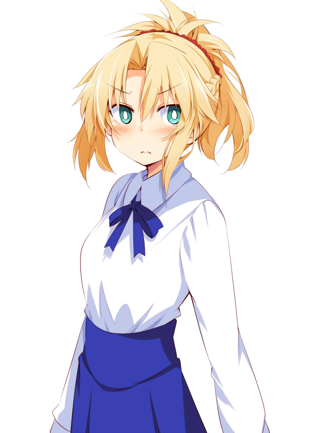 1girl alternate_costume artoria_pendragon_(all) bangs blonde_hair blue_ribbon blue_skirt blush braid breasts bright_pupils chata_maru_(irori_sabou) commentary_request cosplay eyebrows_visible_through_hair fate/apocrypha fate/stay_night fate_(series) frown green_eyes highres long_hair long_skirt long_sleeves looking_at_viewer medium_breasts mordred_(fate) mordred_(fate)_(all) ponytail red_scrunchie ribbon saber saber_(cosplay) scrunchie shirt simple_background skirt solo white_background white_pupils white_shirt