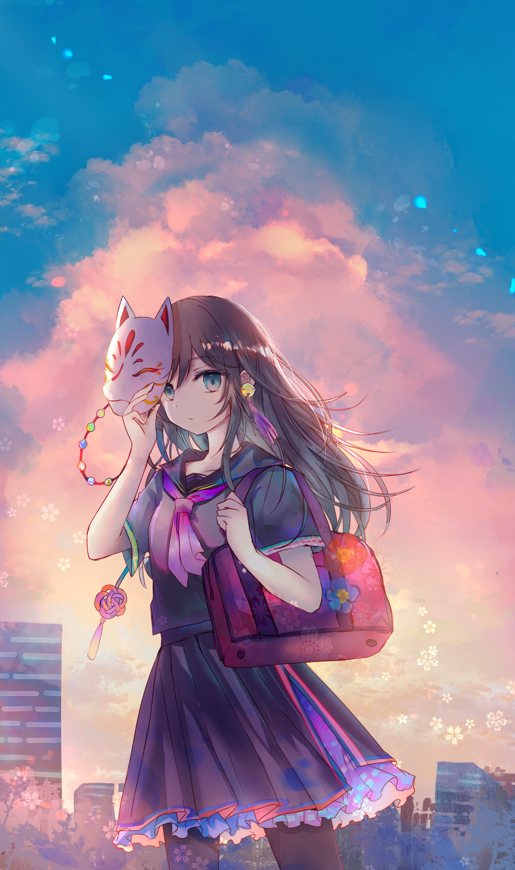 1girl bag bell bell_earrings black_legwear black_serafuku black_shirt blue_eyes blue_hair brown_hair cityscape clouds cloudy_sky earrings floral_print fox_mask frilled_skirt frills gradient_hair has_bad_revision has_downscaled_revision highres holding holding_mask jewelry jingle_bell kazu_(muchuukai) looking_at_viewer mask mask_removed medium_skirt multicolored_hair original outdoors pantyhose parted_lips pink_neckwear school_bag school_uniform serafuku shirt short_sleeves skirt sky solo tassel twilight