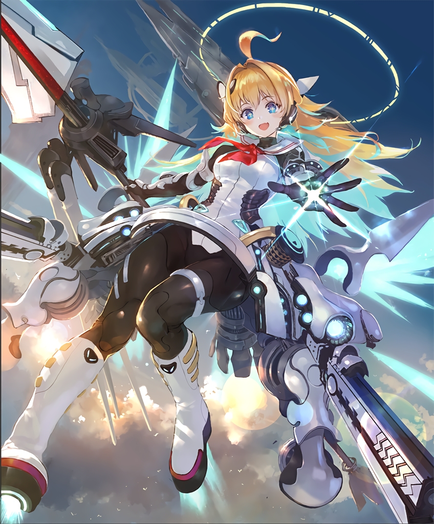 +_+ 1girl :d ahoge aircraft airship android artist_request blonde_hair blue_eyes clouds cloudy_sky fang from_below hair_intakes halo headset lance long_hair looking_at_viewer looking_down mechanical_wings official_art open_mouth polearm ralmia_sonic_racer rocket_boots shadowverse skin_fang sky smile solo thrusters weapon wings