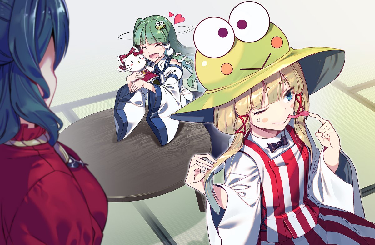 3girls ;&gt; ^_^ bare_shoulders black_bow black_neckwear blonde_hair blue_eyes blue_hair blush_stickers bow bowtie breasts closed_eyes commentary_request detached_sleeves faceless frog_hair_ornament green_hair hair_ornament hair_ribbon hair_tubes hakurei_reimu hands_up hat heart hello_kitty hello_kitty_(character) holding kochiya_sanae long_hair long_sleeves medium_breasts moriya_suwako multiple_girls open_mouth red_bow red_ribbon red_shirt ribbon shirt short_hair short_hair_with_long_locks sidelocks skirt skirt_set smile snake_hair_ornament striped sweat table tatami thick_eyebrows tongue tongue_out touhou upper_body vertical_stripes vest wide_sleeves yasaka_kanako zounose