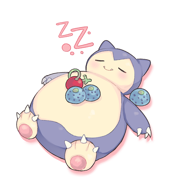 blush cheri_berry clarevoir claws closed_eyes closed_mouth commentary creature english_commentary fangs full_body gen_1_pokemon lying no_humans on_back oran_berry pokemon pokemon_(creature) simple_background sleeping smile snorlax solo white_background zzz
