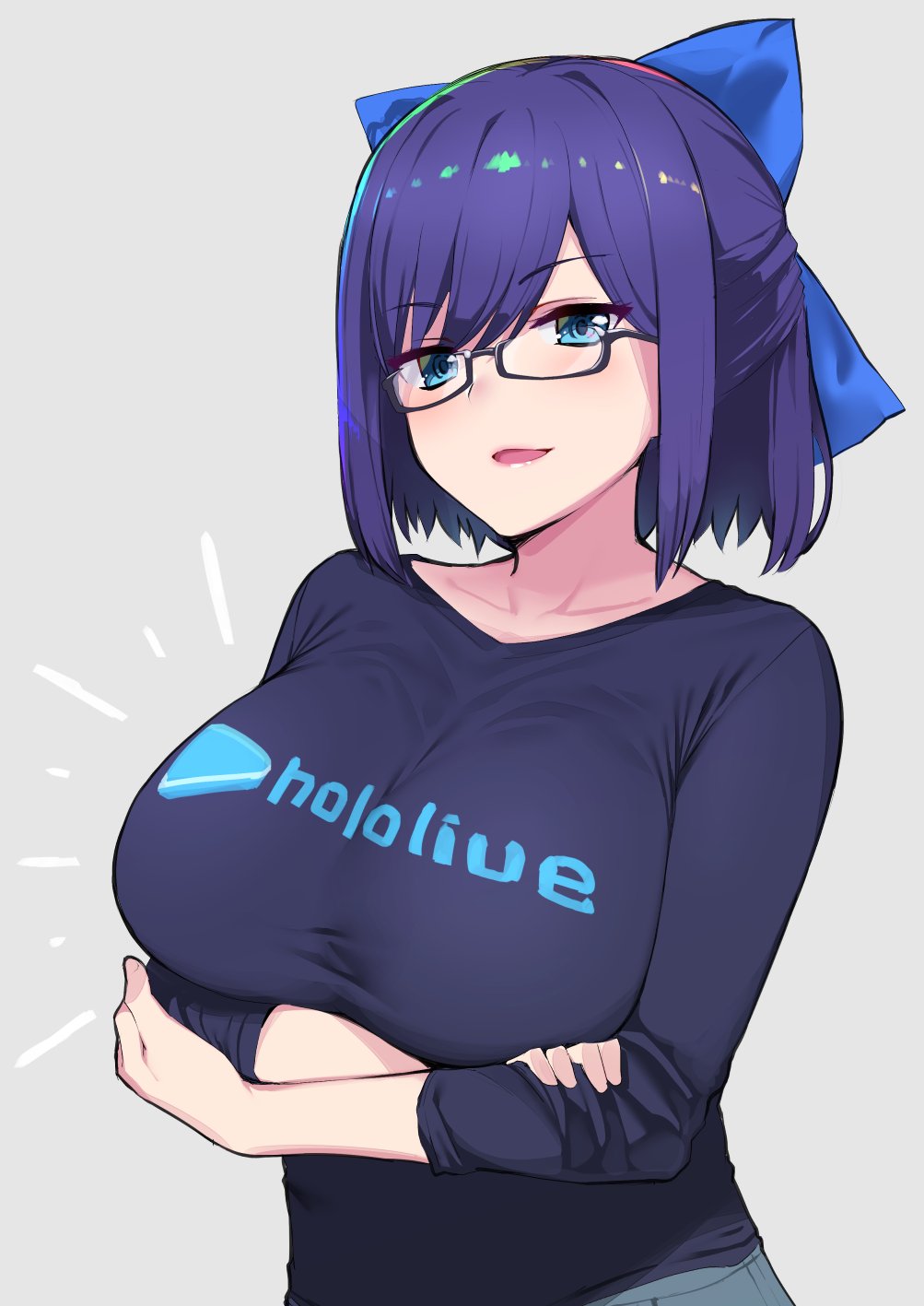 1girl alternate_breast_size april_fools bangs batsu black-framed_eyewear black_shirt blue_bow blue_eyes blue_hair blush bow breasts collarbone copyright_name crossed_arms glasses hair_bow highres hololive large_breasts long_sleeves looking_at_viewer open_mouth shirt short_hair smile solo tokino_sora_channel upper_body virtual_youtuber yuujin_a_(tokino_sora_channel)
