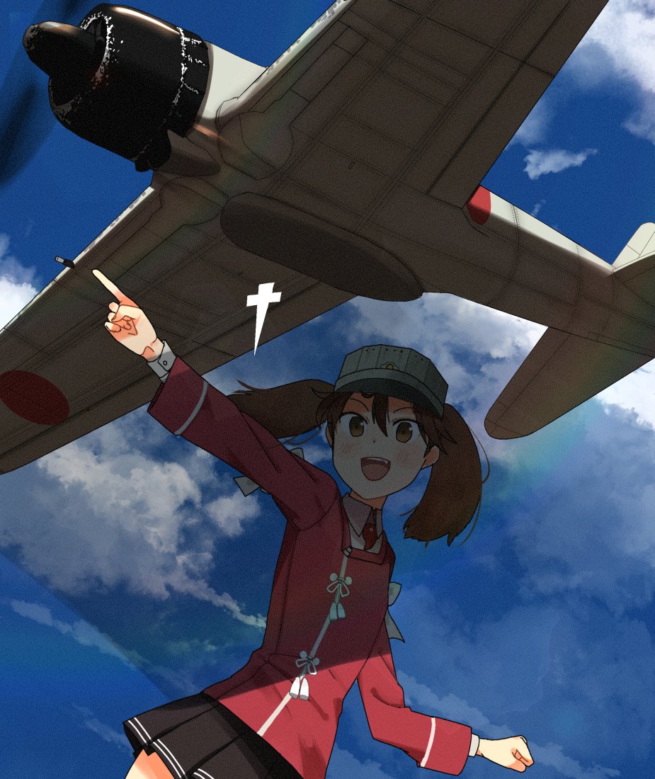 1girl :d aircraft airplane annin_musou black_skirt blue_sky blush brown_eyes brown_hair clouds cloudy_sky day fang hair_between_eyes japanese_clothes kantai_collection kariginu long_hair long_sleeves magatama onmyouji open_mouth pleated_skirt pointing ryuujou_(kantai_collection) shikigami skirt sky smile solo twintails visor_cap