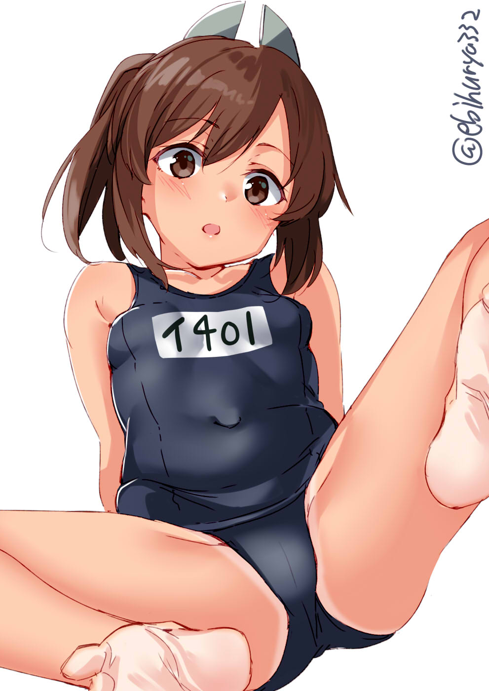 1girl arm_support bangs bare_shoulders barefoot blush breasts brown_eyes brown_hair character_name collarbone covered_navel ebifurya hair_ornament hairclip highres i-401_(kantai_collection) kantai_collection m_legs old_school_swimsuit one-piece_swimsuit one-piece_tan ponytail school_swimsuit short_ponytail sidelocks sitting small_breasts soles solo spread_legs swept_bangs swimsuit tan tanline toes