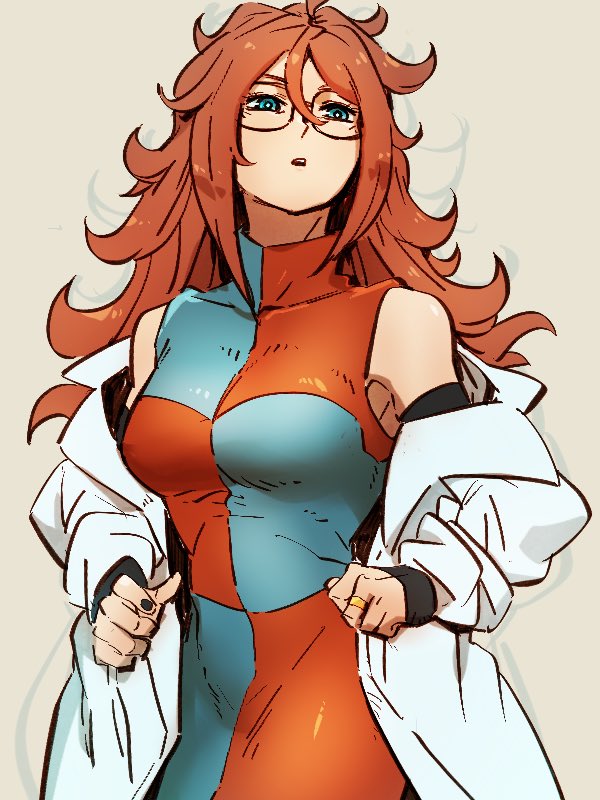 1girl android_21 beige_background black_nails blue_eyes breasts checkered checkered_dress detached_sleeves dragon_ball dragon_ball_fighterz dress glasses hair_between_eyes kemachiku labcoat long_hair looking_to_the_side medium_breasts nail_polish redhead simple_background solo