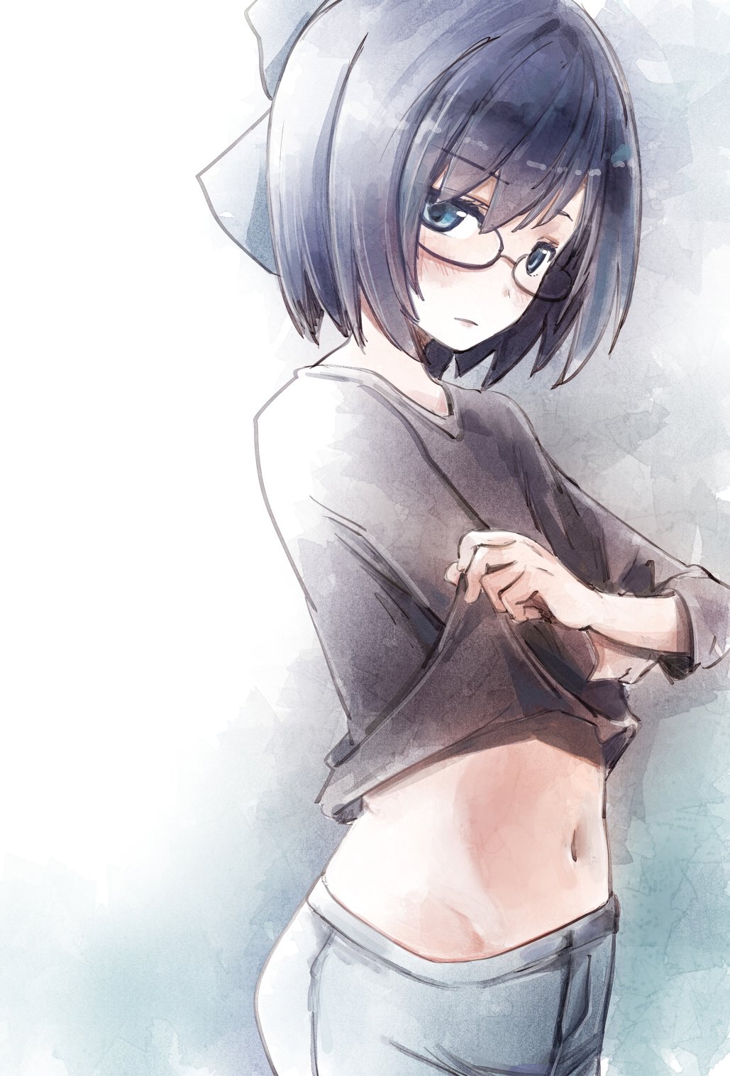 1girl black_shirt blue_background blue_eyes blue_hair blush bow breasts closed_mouth cowboy_shot denim embarrassed eyebrows_visible_through_hair glasses hair_bow highres hololive jeans looking_at_viewer midriff navel pants shirt shirt_lift short_hair simple_background small_breasts solo t-shirt tokino_sora_channel two-tone_background virtual_youtuber white_background yohane yuujin_a_(tokino_sora_channel)