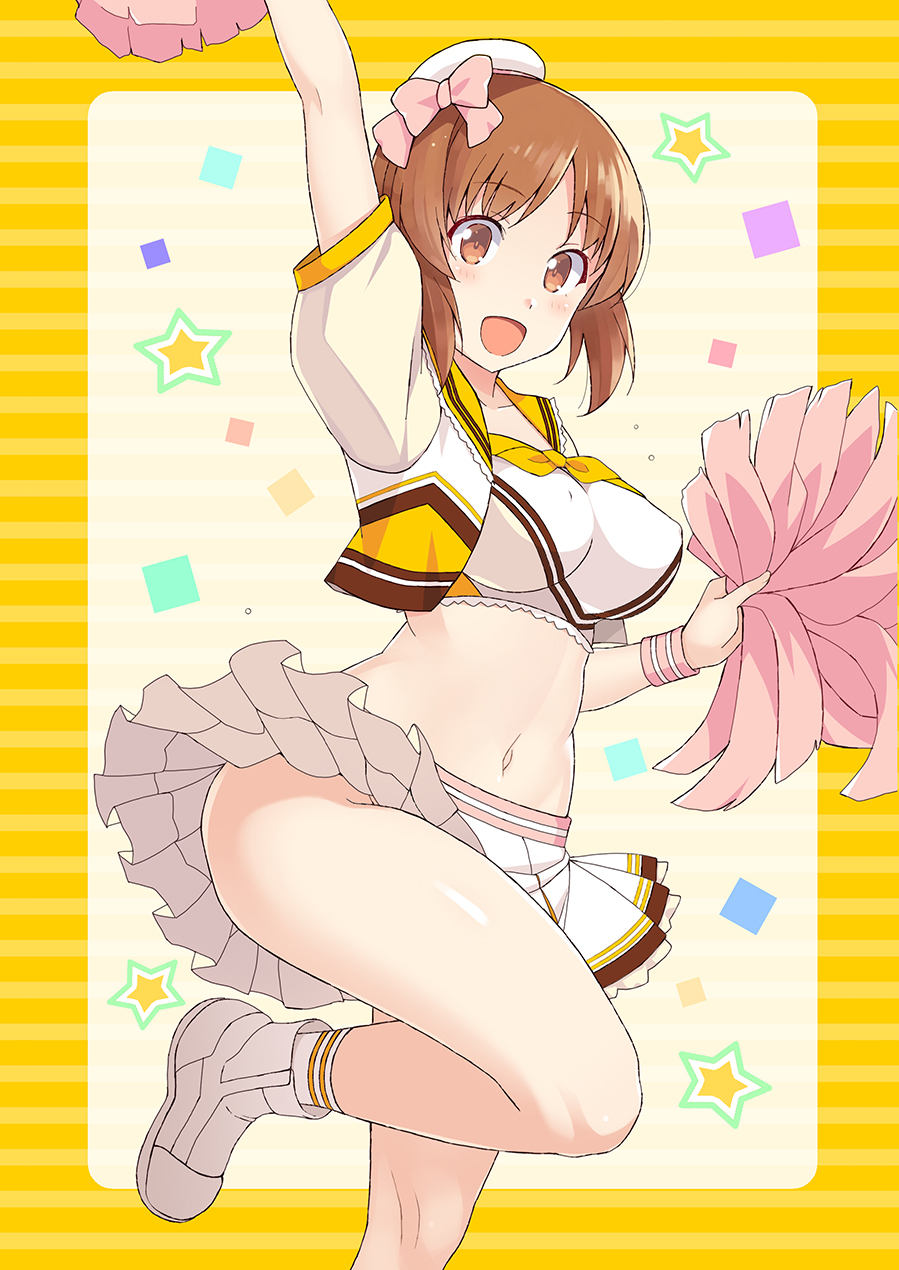 1girl :d arm_up bangs bare_thighs breasts brown_hair cheering cheerleader coco's covered_nipples crop_top cropped_jacket eyebrows_visible_through_hair girls_und_panzer hat hat_ribbon highres holding_pom_poms medium_breasts medium_hair miniskirt nakamura_yukitoshi navel nishizumi_miho open_mouth parted_bangs pleated_skirt pom_poms ribbon skirt smile solo standing standing_on_one_leg star striped striped_background thighs white_footwear white_headwear white_legwear white_skirt yellow_crop_top