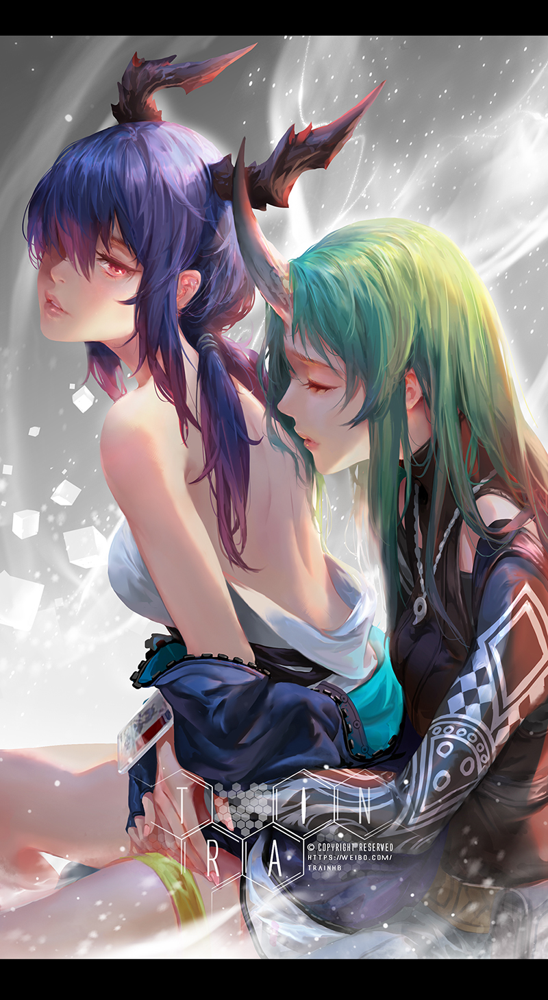 2girls alternate_costume arknights bangs bare_shoulders black_shirt blue_hair breasts ch'en_(arknights) closed_eyes commentary dragon_horns english_commentary green_hair hair_over_one_eye head_tilt highres horn horns hoshiguma_(arknights) jewelry letterboxed long_hair long_sleeves looking_at_viewer magatama magatama_necklace medium_breasts multiple_girls necklace off_shoulder parted_lips pink_lips red_eyes shirt thighlet thighs train_hb yuri