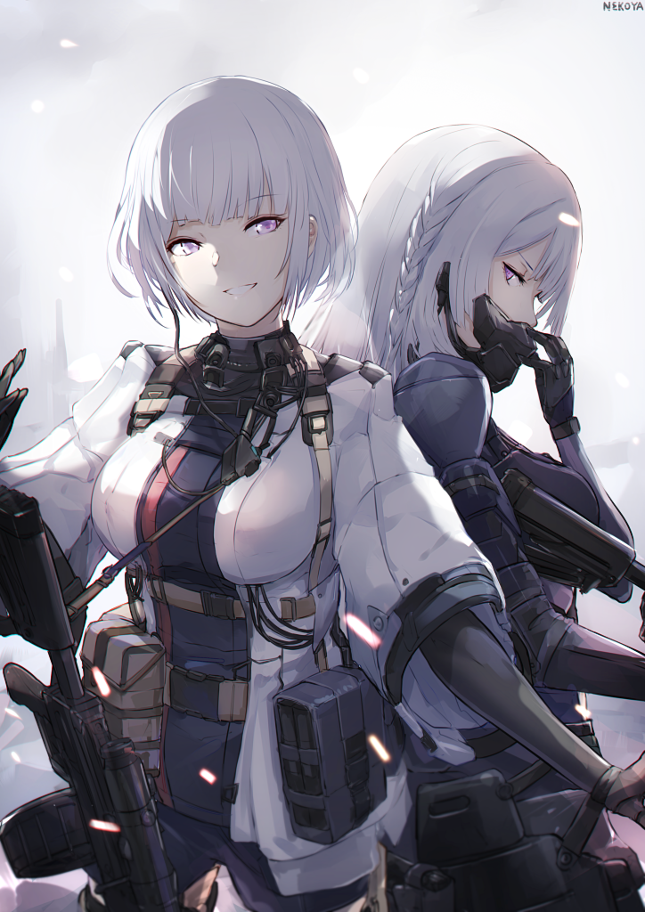 2girls ak-15_(girls_frontline) ammo_box back-to-back bangs black_gloves blue_shirt braid commentary_request dyolf gas_mask girls_frontline gloves gun holding holding_gun holding_weapon long_hair looking_at_viewer multiple_girls rifle rpk-16_(girls_frontline) shirt short_hair silver_hair smile standing tactical_clothes violet_eyes weapon white_shirt