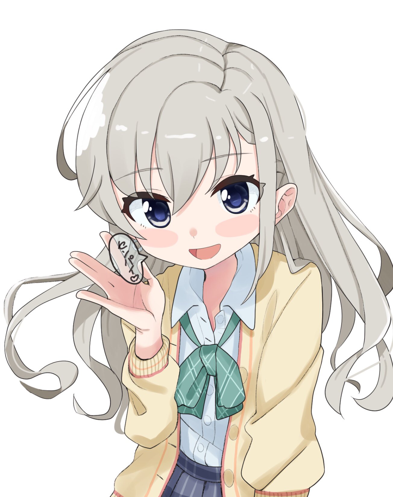 1girl :d bangs blue_eyes blush_stickers bow brown_jacket collared_shirt dress_shirt eyebrows_visible_through_hair green_bow grey_hair grey_skirt hair_between_eyes hand_up highres hisakawa_hayate idolmaster idolmaster_cinderella_girls idolmaster_cinderella_girls_starlight_stage jacket long_hair long_sleeves open_clothes open_jacket open_mouth pleated_skirt shirt shiwa_(siwaa0419) simple_background skirt smile solo translation_request very_long_hair white_background white_shirt