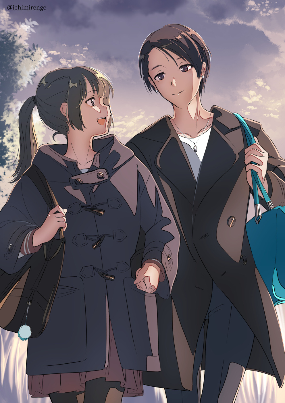 1boy 1girl artist_name bag bangs brown_hair clouds cloudy_sky coat cowboy_shot earrings highres holding_hands ichimirenge jewelry long_hair long_sleeves open_mouth original outdoors pantyhose ponytail short_hair shoulder_bag sidelocks sky smile tree twitter_username winter_clothes