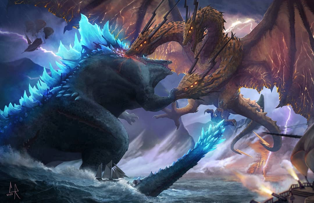 battle bioluminescence chipyray claws clouds commentary creature crossover deviljho dinosaur dragon dragon_horns dragon_wings electricity english_commentary fangs fighting fusion giant_monster glowing glowing_eyes glowing_mouth glowing_wings godzilla godzilla:_king_of_the_monsters godzilla_(2014) godzilla_(legendary) godzilla_(series) gold_skin horns kaijuu king_ghidorah king_ghidorah_(godzilla:_king_of_the_monsters) large_wings lightning monster monster_hunter monster_hunter:_world multiple_heads multiple_tails no_humans open_mouth safi'jiiva scales sharp_teeth sky slit_pupils spikes spines tail teeth wings xeno'jiiva yellow_eyes