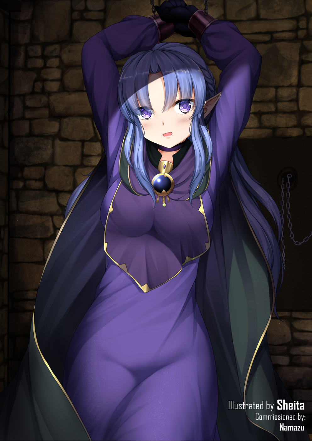 1girl arms_up artist_name blush bound bound_wrists breasts cape caster chain collar commission cuffs dress dungeon eyebrows_visible_through_hair fate/stay_night fate_(series) highres long_hair looking_at_viewer medium_breasts open_mouth ornament pointy_ears purple_dress purple_hair sheita sidelocks solo stone_wall violet_eyes wall