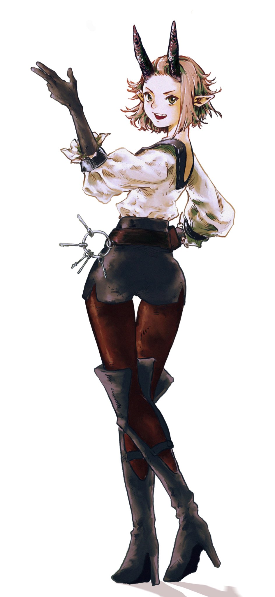 1girl back belt boots brown_eyes brown_gloves brown_hair gloves hand_on_hip high_heels highres horns key keyring knee_boots looking_back open_mouth original pantyhose pointy_ears puffy_sleeves short_hair smile solo standing teeth upper_body w zero808w