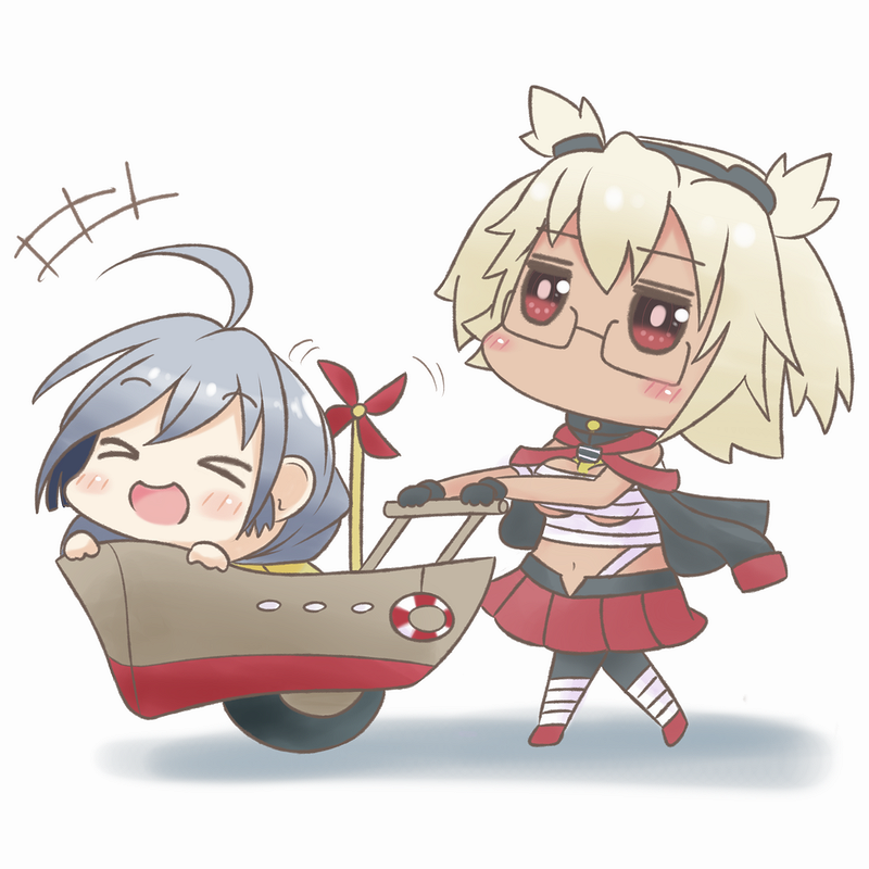 &gt;_&lt; 2girls ahoge budget_sarashi chibi commentary dark_skin glasses grey_hair kantai_collection kiyoshimo_(kantai_collection) lone_wolf_and_cub luci_ole multiple_girls musashi_(kantai_collection) platinum_blonde_hair pleated_skirt pointy_hair red_eyes sarashi skirt two_side_up wheelbarrow