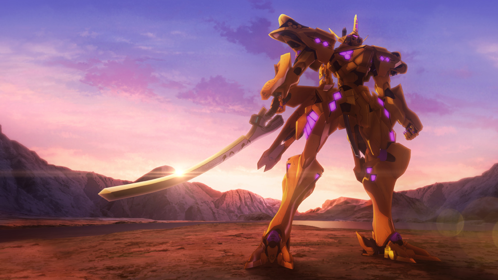 clouds commentary_request glowing glowing_eyes holding holding_sword holding_weapon lens_flare mecha mountain mountainous_horizon muvluv muvluv_alternative muvluv_total_eclipse no_humans official_art purple_sky standing sunrise sword takemikazuchi_(muvluv) twilight violet_eyes weapon