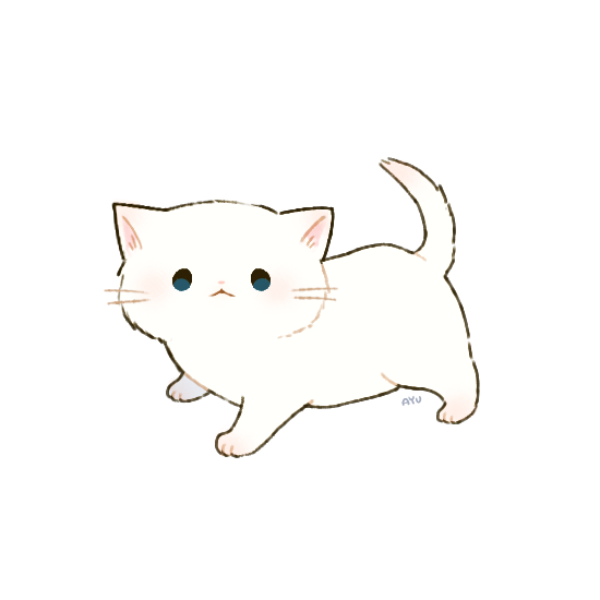 :&lt; ayu_(mog) blush cat cat_focus from_side full_body looking_at_viewer no_humans original signature simple_background white_background white_cat