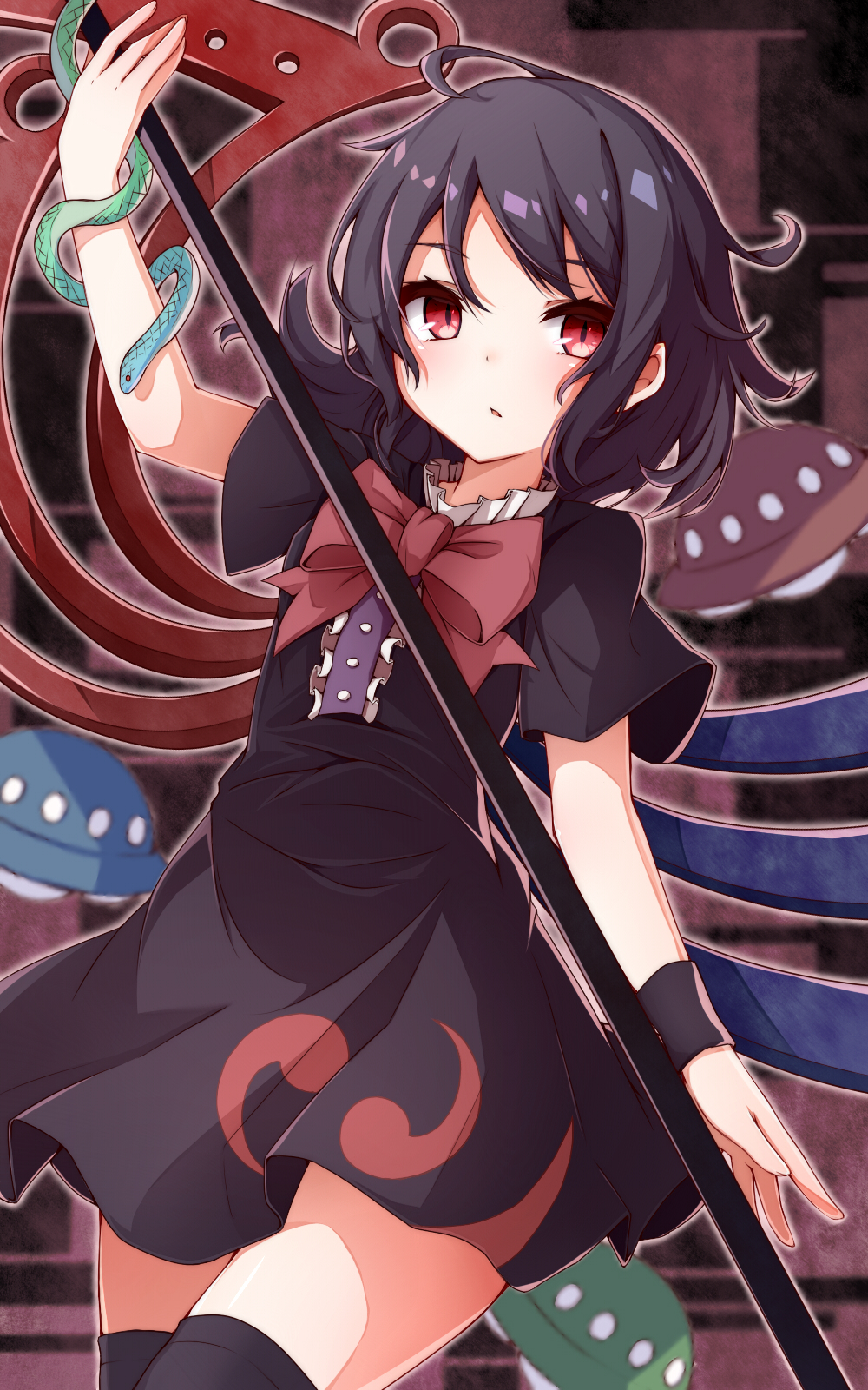 1girl arm_up asymmetrical_wings black_dress black_hair black_legwear bow bowtie cowboy_shot dress highres holding holding_weapon houjuu_nue long_hair looking_at_viewer messy_hair nankotsu polearm red_bow red_eyes red_neckwear short_dress short_sleeves snake solo thigh-highs touhou trident ufo weapon wings wristband