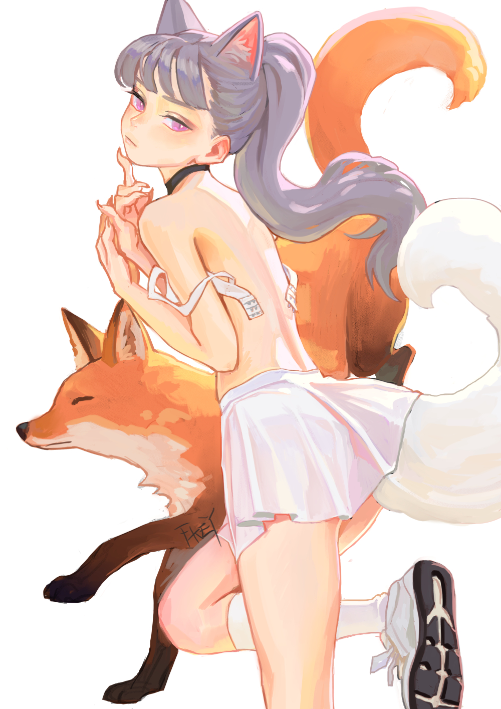 1girl animal back bangs bra choker fingernails fkey fox grey_hair highres kneehighs looking_at_viewer original ponytail sharp_fingernails skirt tail underwear violet_eyes white_bra white_legwear