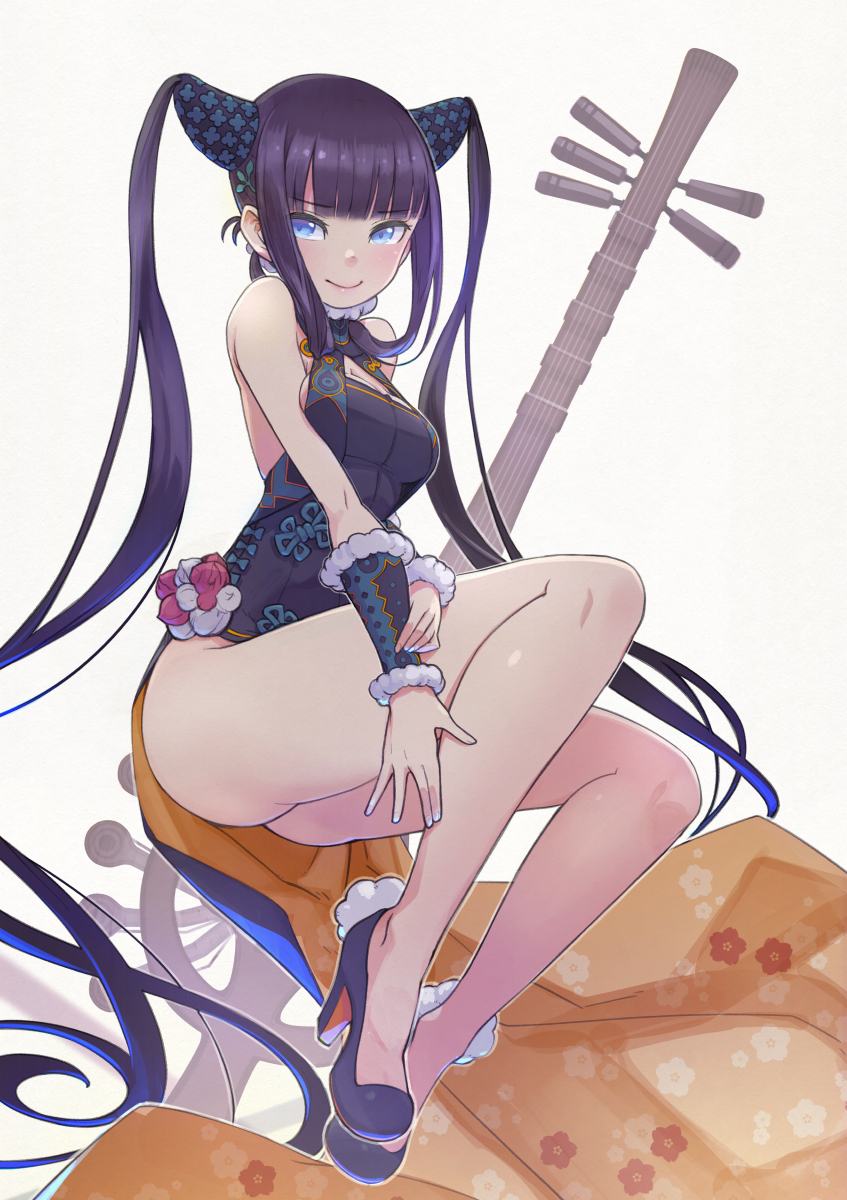1girl bangs bare_shoulders black_dress black_footwear blue_eyes blunt_bangs blush breasts china_dress chinese_clothes closed_mouth detached_sleeves dress fate/grand_order fate_(series) floral_print hair_ornament high_heels highres large_breasts leaf_hair_ornament legs long_hair looking_at_viewer pipa_(instrument) purple_hair side_slit sidelocks simple_background smile solo twintails very_long_hair white_background yang_guifei_(fate/grand_order) yunar