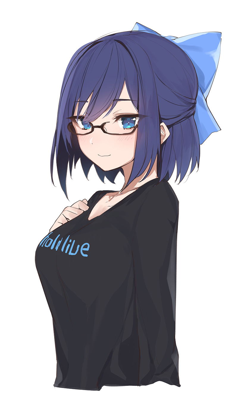 1girl alternate_breast_size black_shirt blue_eyes blue_hair blush bow closed_mouth copyright_name eyebrows_visible_through_hair glasses hair_between_eyes hair_bow hand_on_own_chest highres hololive long_sleeves looking_at_viewer shirt short_hair simple_background smile solo t-shirt tokino_sora_channel upper_body white_background yaman yuujin_a_(tokino_sora_channel)