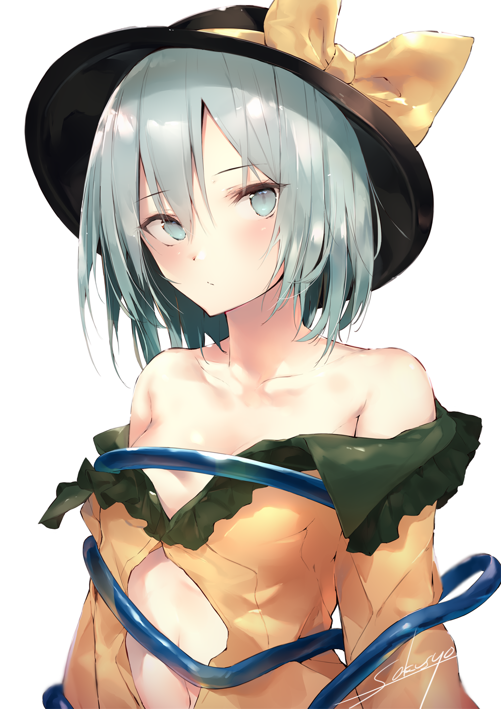 1girl artist_name bangs bare_shoulders black_headwear blush bow breasts commentary_request eyebrows_visible_through_hair green_eyes green_hair hair_between_eyes hat hat_bow highres komeiji_koishi long_sleeves looking_at_viewer navel off-shoulder_shirt off_shoulder sakusyo shirt short_hair signature simple_background small_breasts solo stomach touhou upper_body white_background yellow_bow yellow_shirt