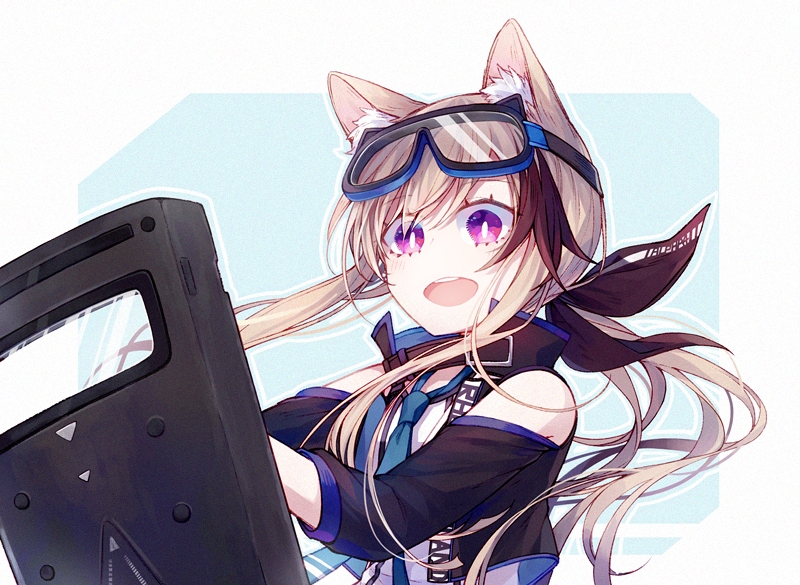 1girl animal_ear_fluff animal_ears arknights bangs bare_shoulders cardigan_(arknights) eyebrows_visible_through_hair goggles goggles_on_head hiragi_rin medium_hair necktie open_mouth red_eyes riot_shield round_teeth shield simple_background smile solo teeth tied_hair