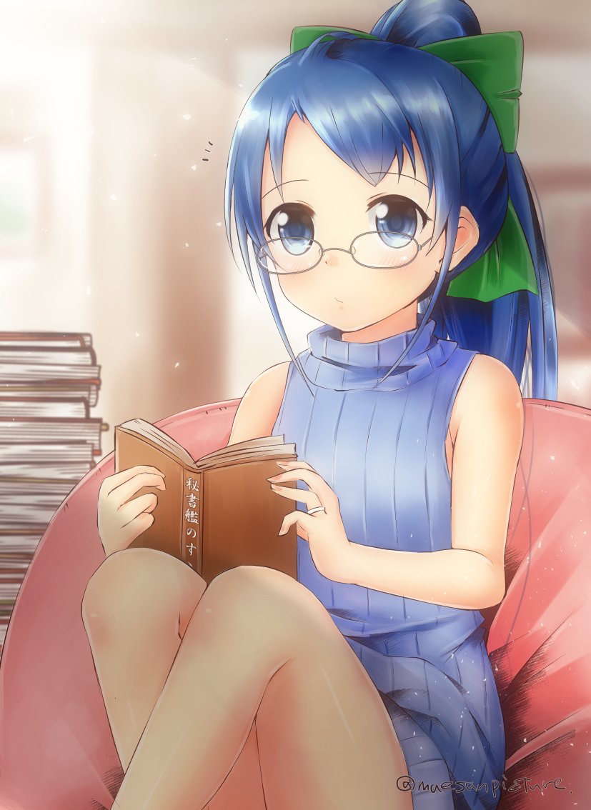 1girl artist_name bangs bare_arms bare_legs bare_shoulders bean_bag_chair blue_eyes blue_hair blue_sweater blurry blurry_background book book_stack bow commentary_request eyebrows_visible_through_hair glasses green_bow hair_bow holding holding_book jewelry kantai_collection knees_up light_particles long_hair looking_at_viewer mae_(maesanpicture) notice_lines ponytail ring samidare_(kantai_collection) sidelocks sitting sleeveless_sweater solo sweater swept_bangs turtleneck turtleneck_sweater very_long_hair