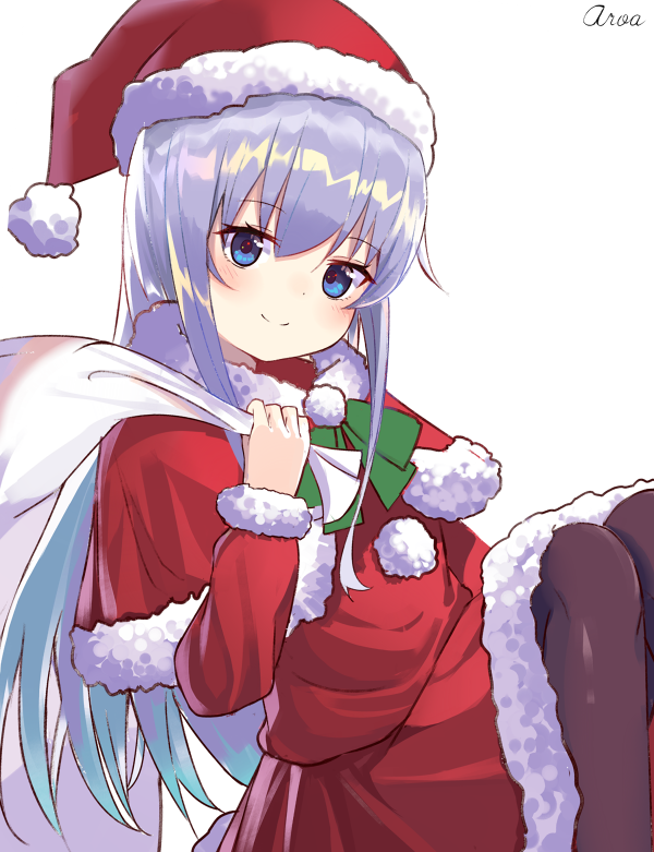 1girl alternate_costume bangs black_neckwear blue_eyes blush christmas dress eyebrows_visible_through_hair fur_trim green_neckwear hat hibiki_(kantai_collection) holding holding_sack kantai_collection long_hair long_sleeves moyasi3409854 pantyhose red_dress sack santa_costume santa_hat signature silver_hair simple_background smile solo white_background