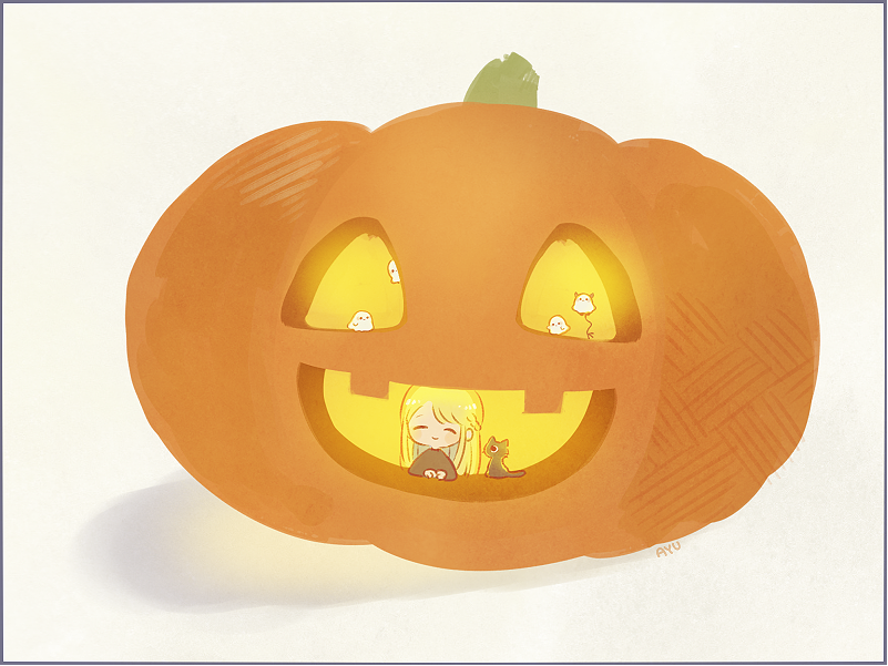 1girl ayu_(mog) bird blonde_hair blush cat closed_eyes facing_viewer ghost jack-o'-lantern long_hair original pumpkin simple_background smile solo white_background