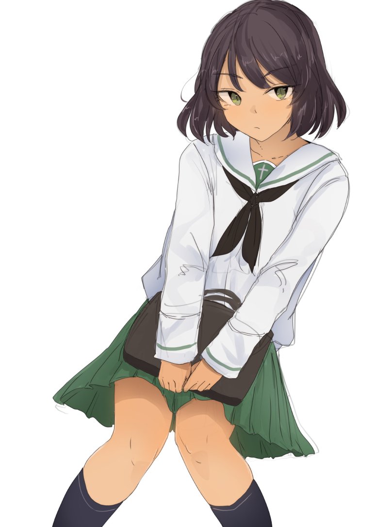 1girl bangs black_legwear black_neckwear blouse bob_cut brown_hair closed_mouth commentary dark_skin eyebrows_visible_through_hair girls_und_panzer green_eyes green_skirt holding hoshino_(girls_und_panzer) invisible_chair kneehighs light_frown long_sleeves looking_at_viewer miniskirt ne_kuro neckerchief ooarai_school_uniform pleated_skirt school_briefcase school_uniform serafuku short_hair simple_background sitting skirt solo white_background white_blouse