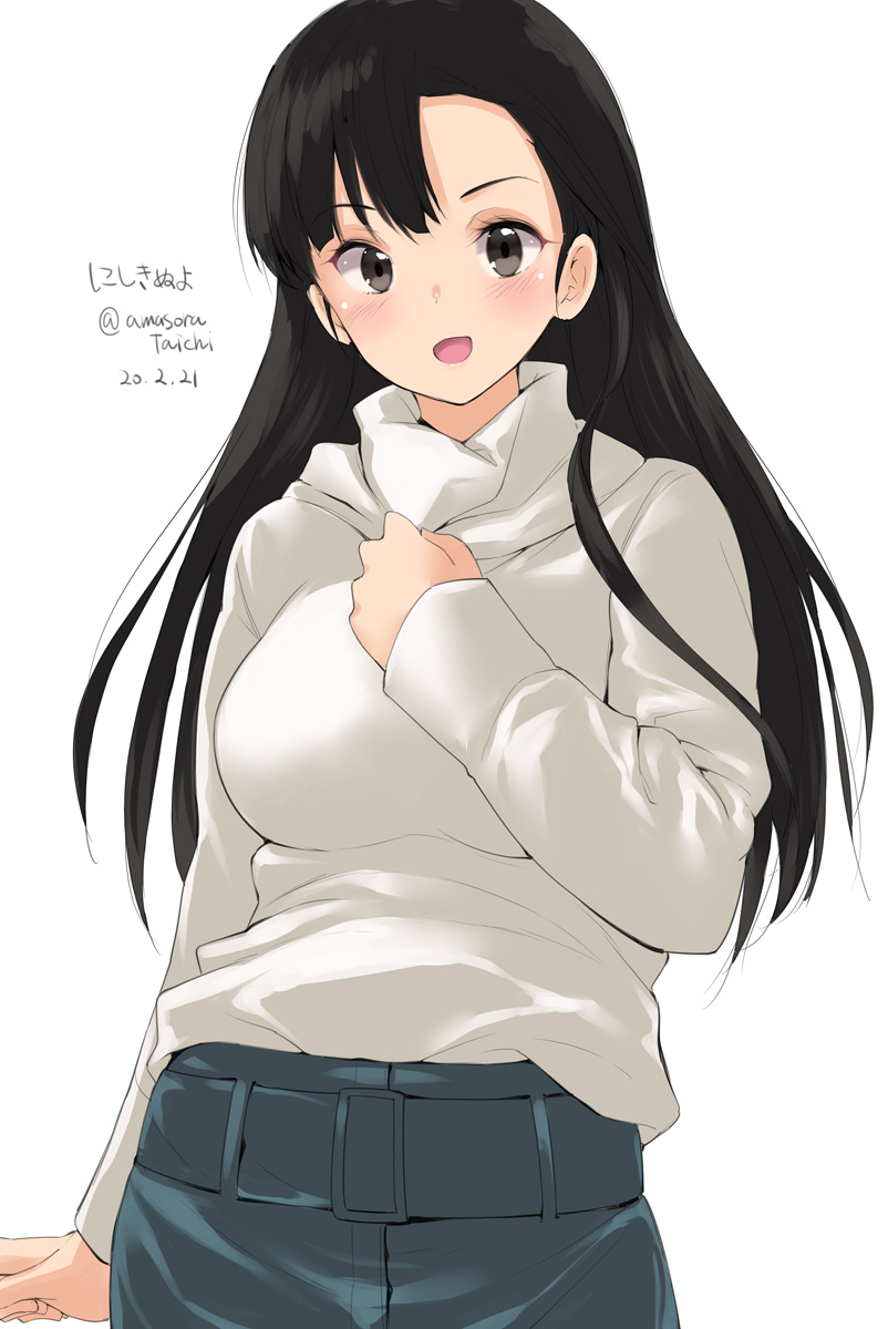 1girl amasora_taichi artist_name asymmetrical_bangs bangs black_eyes black_hair casual commentary_request dated girls_und_panzer grey_pants hand_on_own_chest highres long_sleeves looking_at_viewer nishi_kinuyo open_mouth pants partial_commentary shirt signature simple_background smile solo standing turtleneck twitter_username white_background white_shirt