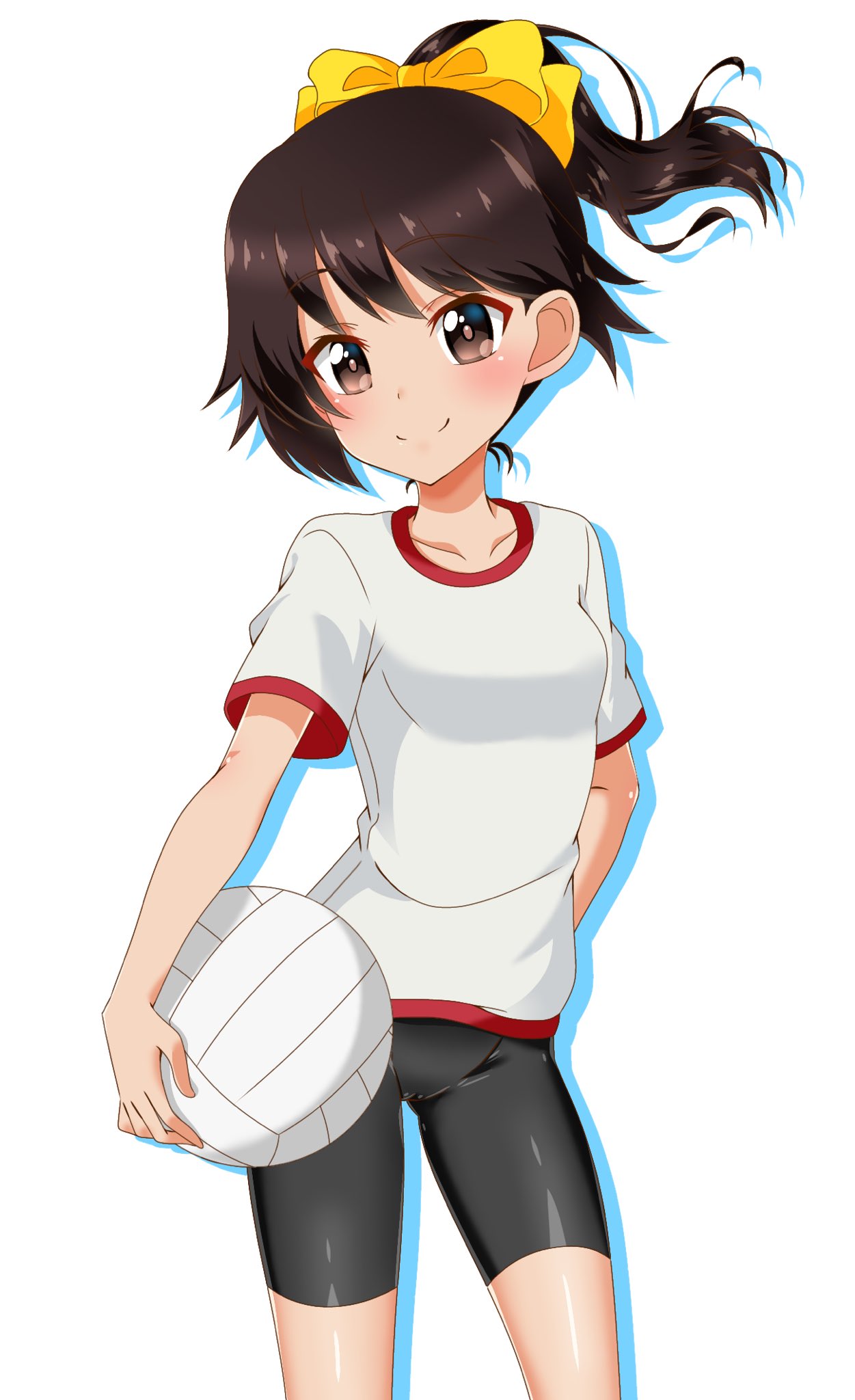 1girl alternate_hairstyle arm_behind_back ball bangs bike_shorts black_shorts bow brown_eyes brown_hair closed_mouth commentary_request cowboy_shot eyebrows_visible_through_hair girls_und_panzer gym_shirt gym_uniform hair_bow hair_up hand_on_hip highres holding holding_ball isobe_noriko looking_at_viewer partial_commentary shadow shirt short_hair short_ponytail short_sleeves shorts simple_background smile solo standing t-shirt tanutika volleyball white_background white_shirt yellow_bow